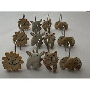 Set of 12 Animal Shower Curtain Hooks Elephant Lion Giraffe Cat 3 Of Each.